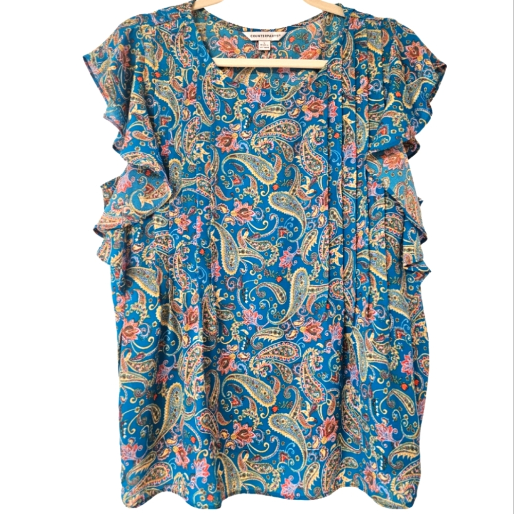Blue Paisley Ruffle Sleeve Blouse